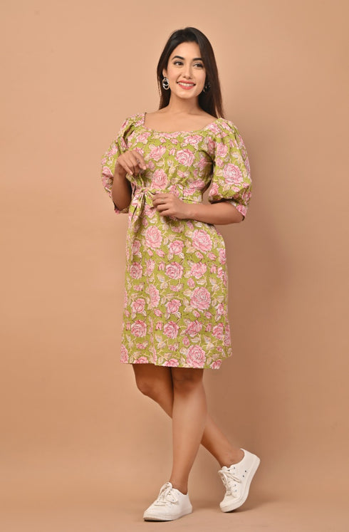 Pear Green Hand Block Print Cotton Dress (CRD07)